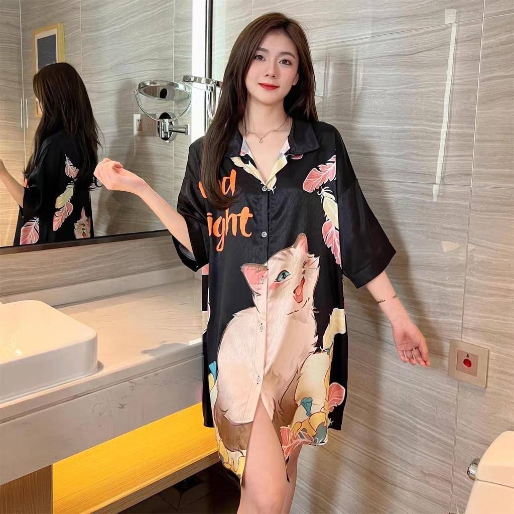 Women's Short Sleeve Ice Silk Sleep Dress Nightgown Plus Size 4XL Pajamas Shirt Sundress Loose Home Clothes
