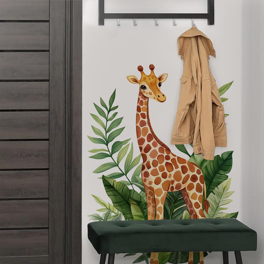 Cartoon Giraffe Green Leaves Wall Sticker Kids Room Bedroom Wall Decoration Cute Self-Adhesive