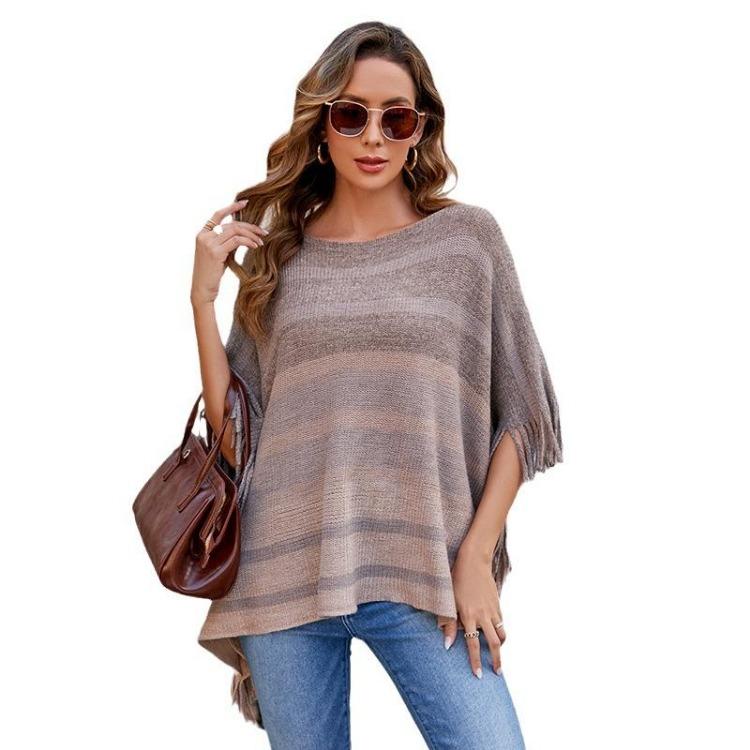 Women Autumn Winter Loose Knitwear Sweater O Neck Bat Sleeve Stripe Cardigan Cross Border Cloak