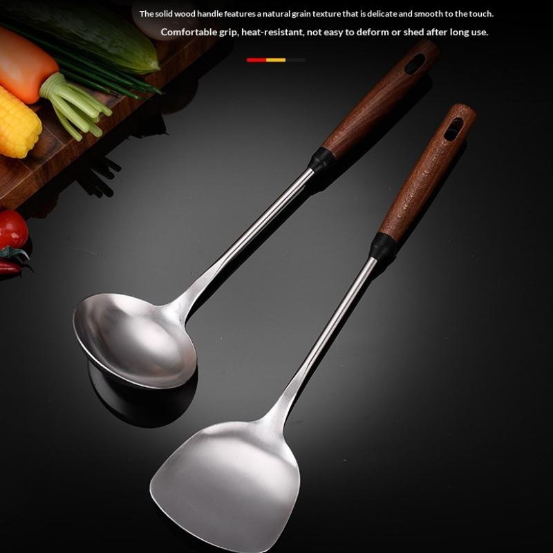 Stalowy łopatka z drewnianą rączką, żaroodporna, z długą rączką, chochla do zupy, szpatułka, przybory kuchenne