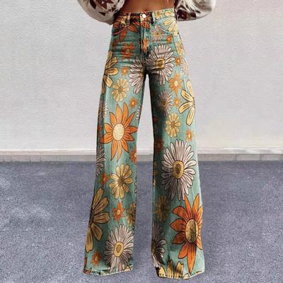 Yousheng Women Casual Trousers Colorful 3D Floral Printing Flared Leg High Waist Plus Size Jeans Button Zipper Closure with Pockets Lojng Pants for