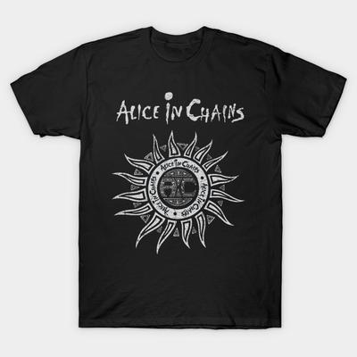 Asian Size Men Black Print T-shirt Alice In Chains Band Vintage No-Cut Heat Transfer Print Cotton Tshirt