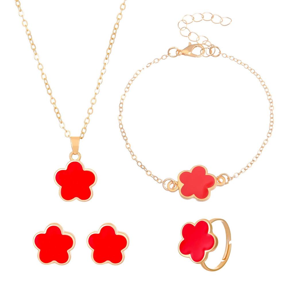 Women's Korean Five-Leaf Clover Jewelry Set: Simple Petal Necklace, Five-Leaf Flower Bracelet, Ring, Earrings (4-Piece Set)