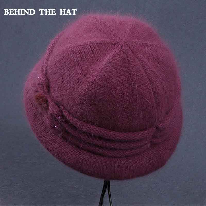 Hat Female Winter Elderly Rabbit Fur Knitted Warm Woolen Bowl Hat Thick Cotton Top Hat