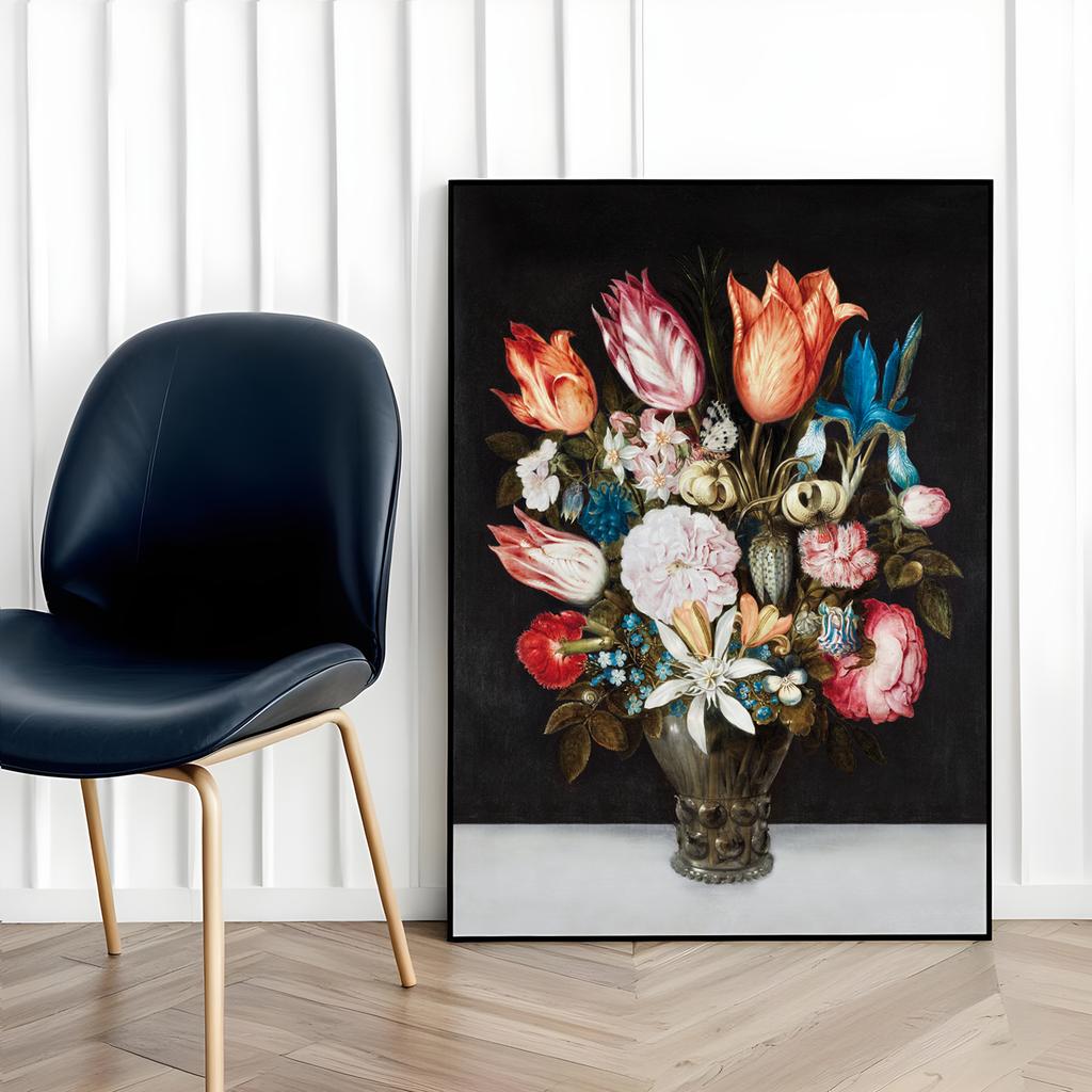 Poster Flowers Vase Black Background