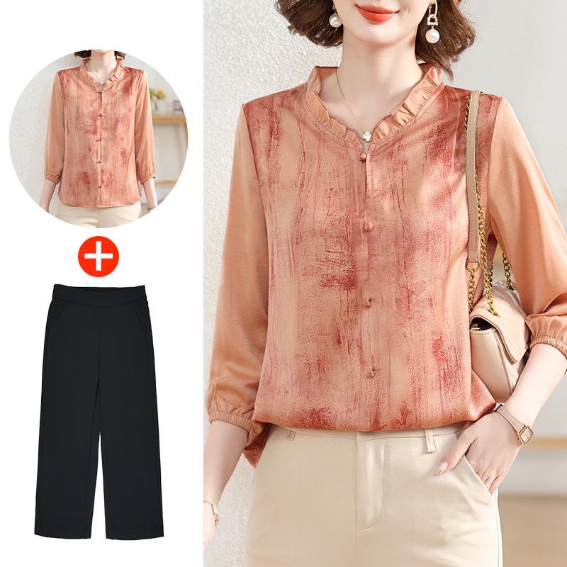 2025 New Spring/Autumn Fashion Set for Middle-Aged Women: Seven-Sleeve Chiffon Blouse