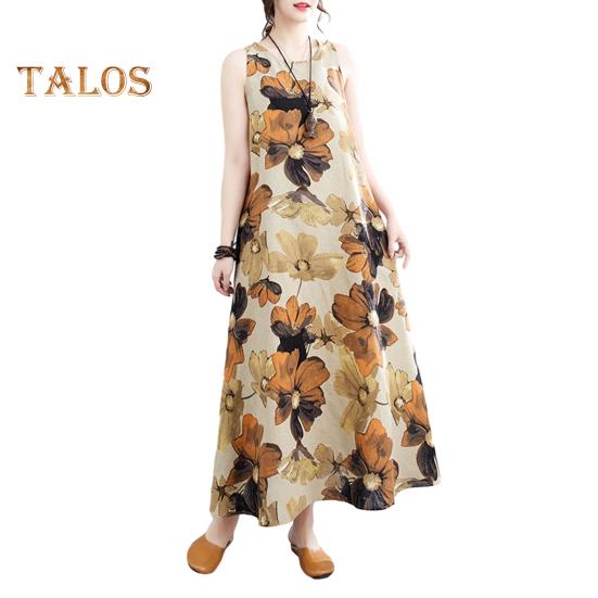 

Платье из хлопка и льна больших размеров для женщин, летнее, без рукавов, с принтом, свободное, длинное, повседневное, с круглым вырезом, макси-платье M хаки