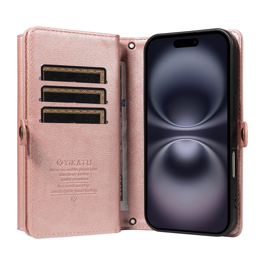 For iPhone 16 Plus Case YIKATU YK-008 Zipper Wallet Leather Phone Cover with Shoulder Strap