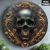 Totenkopf Metallblechschild 20cm, Runde Gotische Wandkunst für Halloween Bar Dekor
