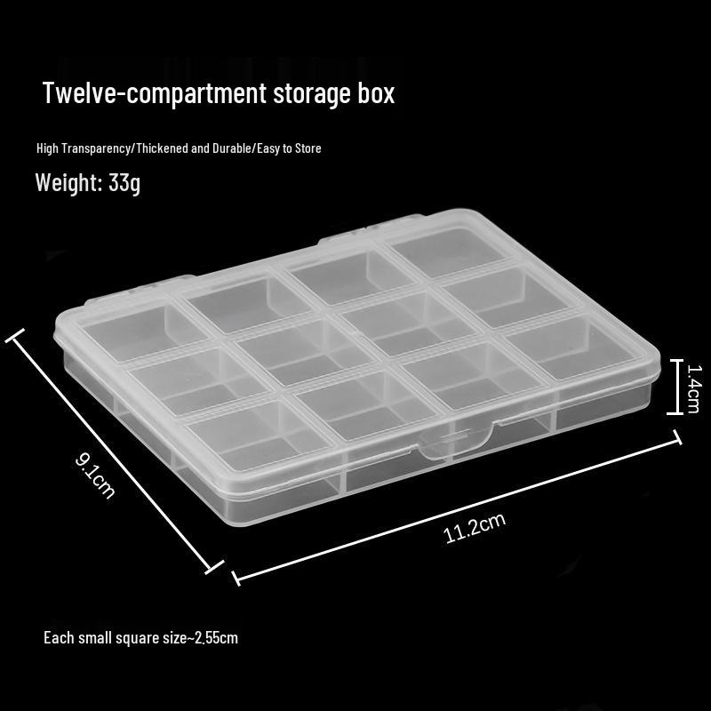 12-Compartment Transparent Storage Box for Nail Art Accessories, Beads, and Electronics