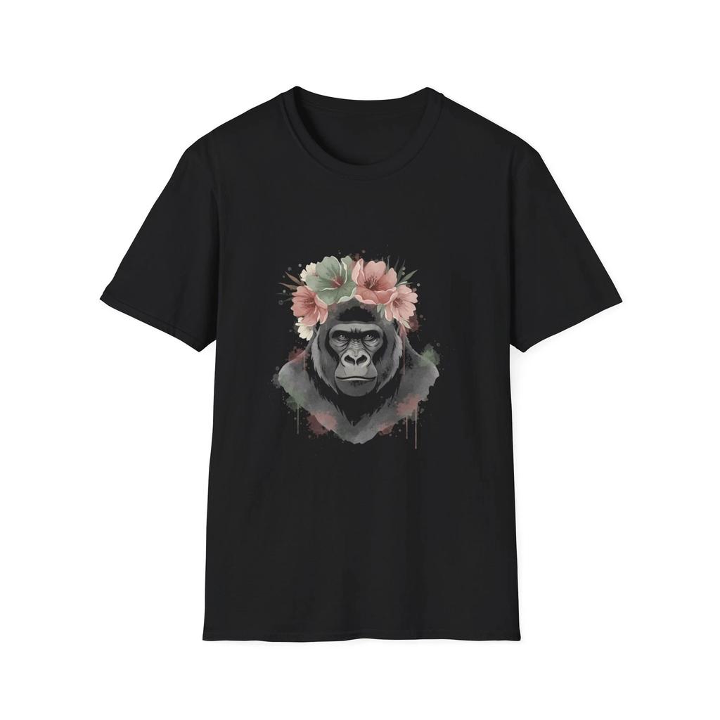 Gorilla Flower Crown Watercolor Nature Black Tee Aesthetic Graphic T-Shirt