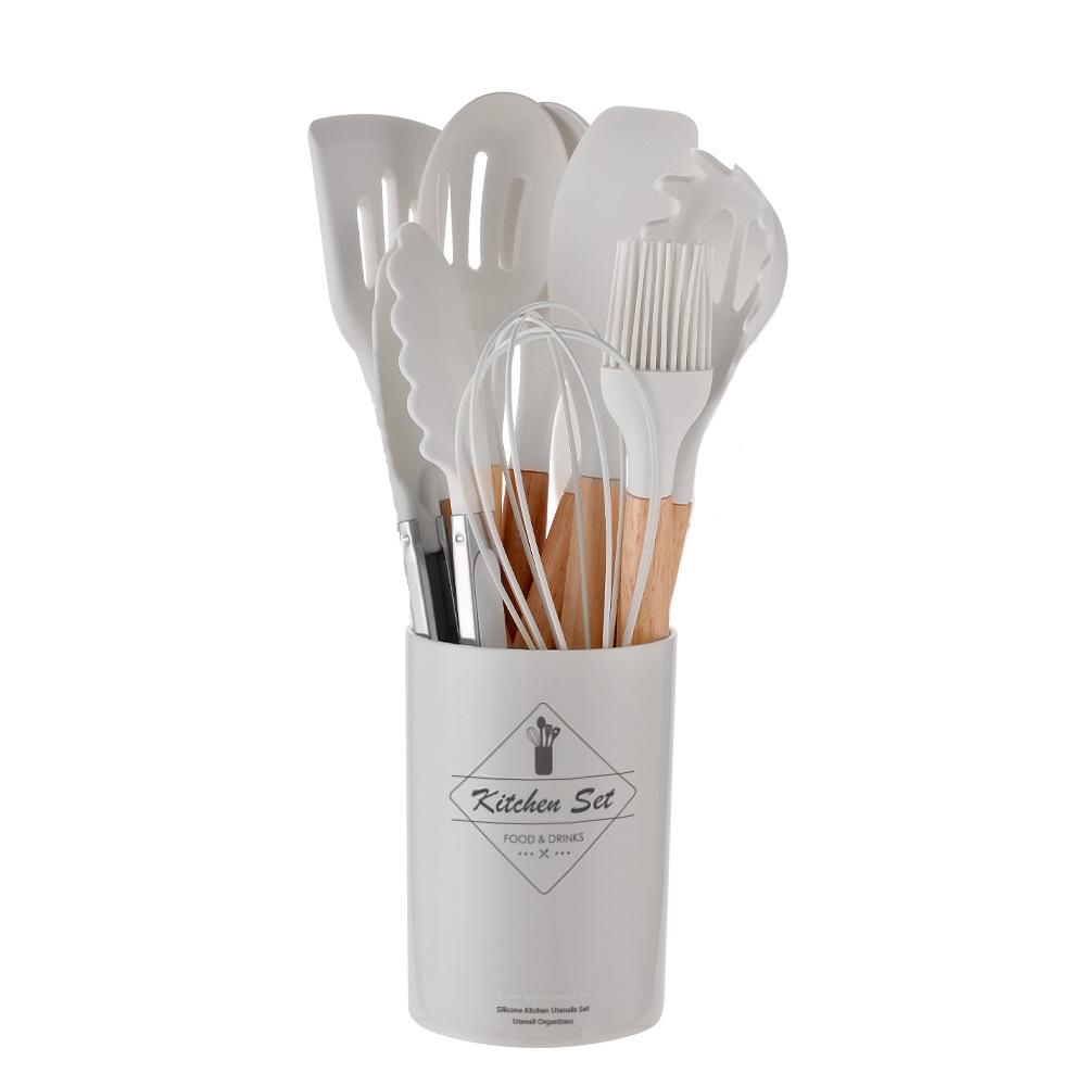 14-Piece Wooden Handle Silicone Kitchen Utensil Set with Storage Bucket for Non-Stick Cookware