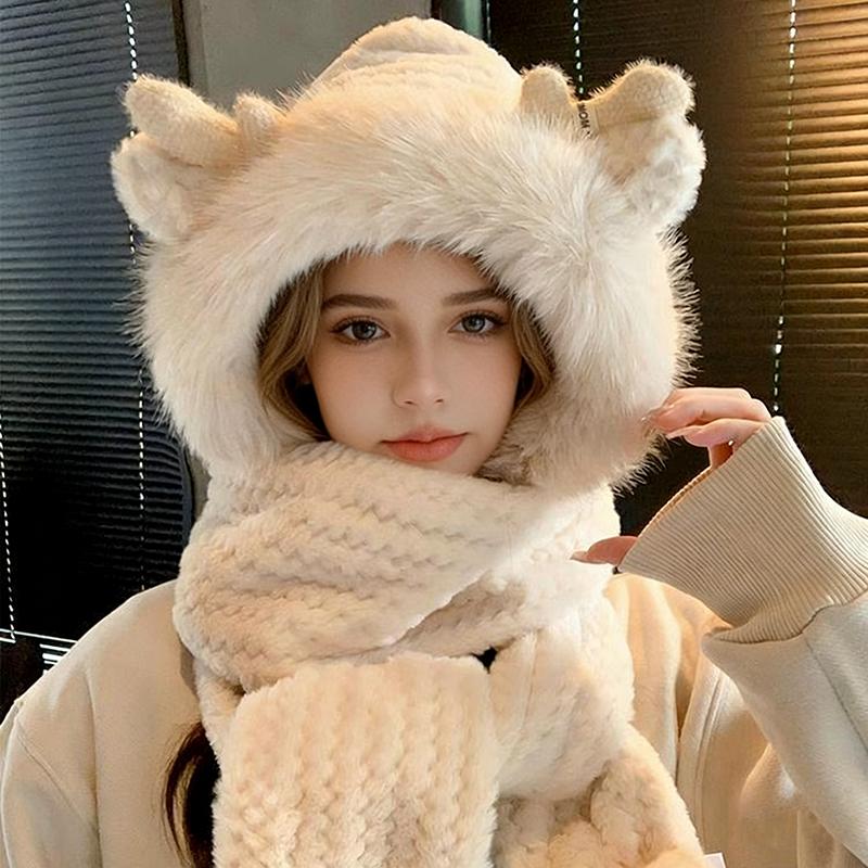 Fashion Elk Antlers Plush Hat Scarf Gloves Women's Winter Ear Protector Thickened Ear Muffs and Neck Warmer Hat Cycling Ski Cap Wind Proof
