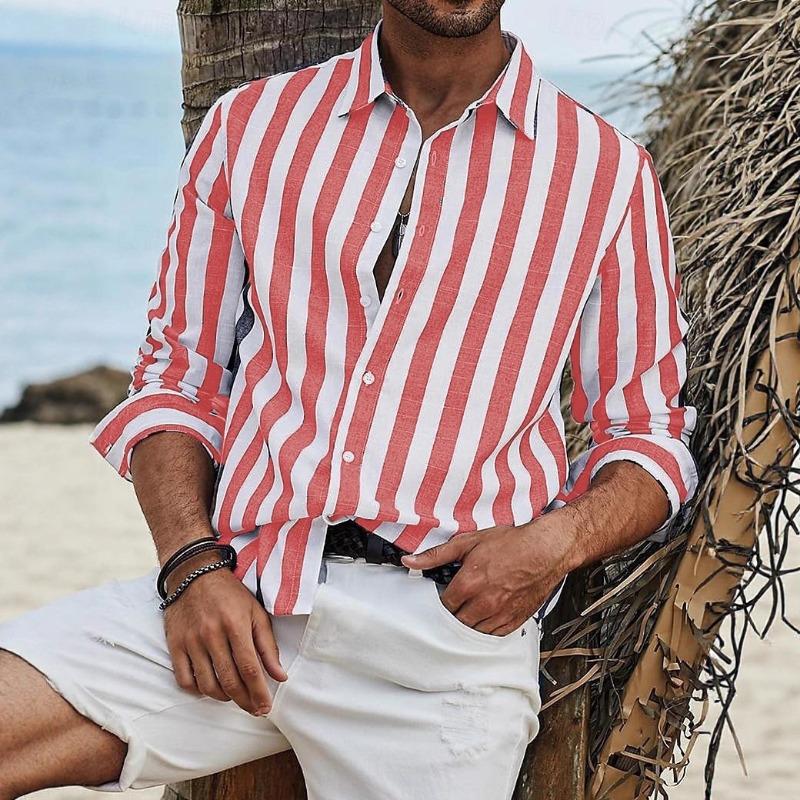Spring and Autumn New Men's Versatile Tops Daily Casual Striped Lapel Long Sleeve Shirts