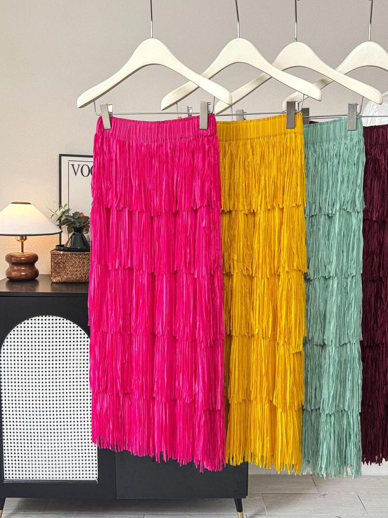 2026 Spring/Summer Women's Versatile Tassel Patchwork Midi Skirt