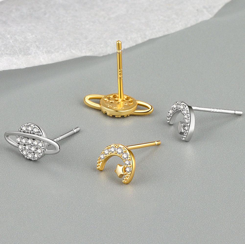 Niche Asymmetric Moon And Planet Stud Earrings For Women Elegant Personality Versatile Ear Jewelry