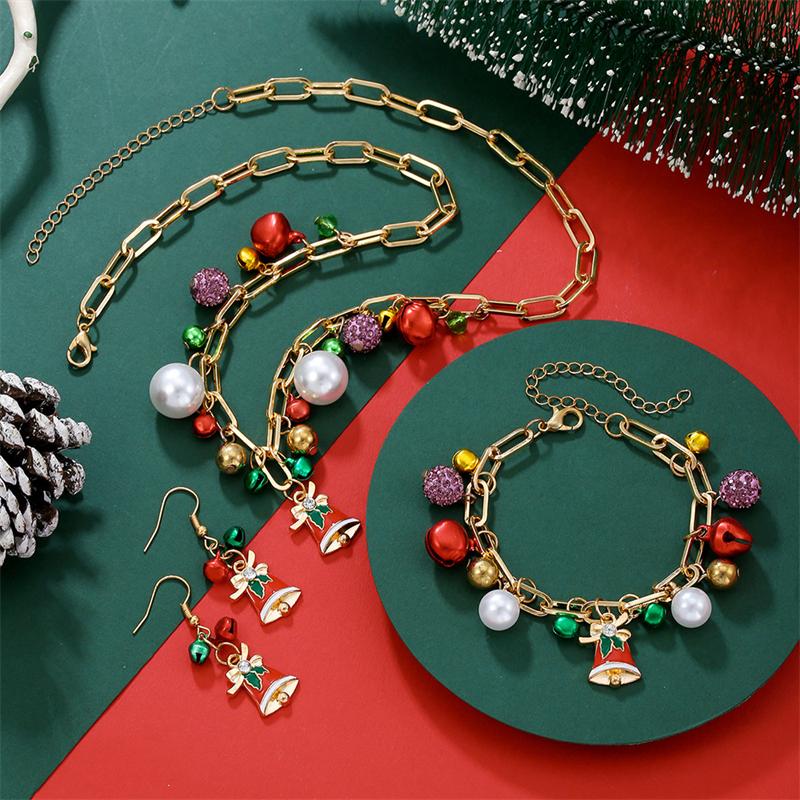Fashion Christmas Tree Colorful Bells Pendant Necklace Bracelet Earrings for Women Festival Party Jewelry Set New Year Gift
