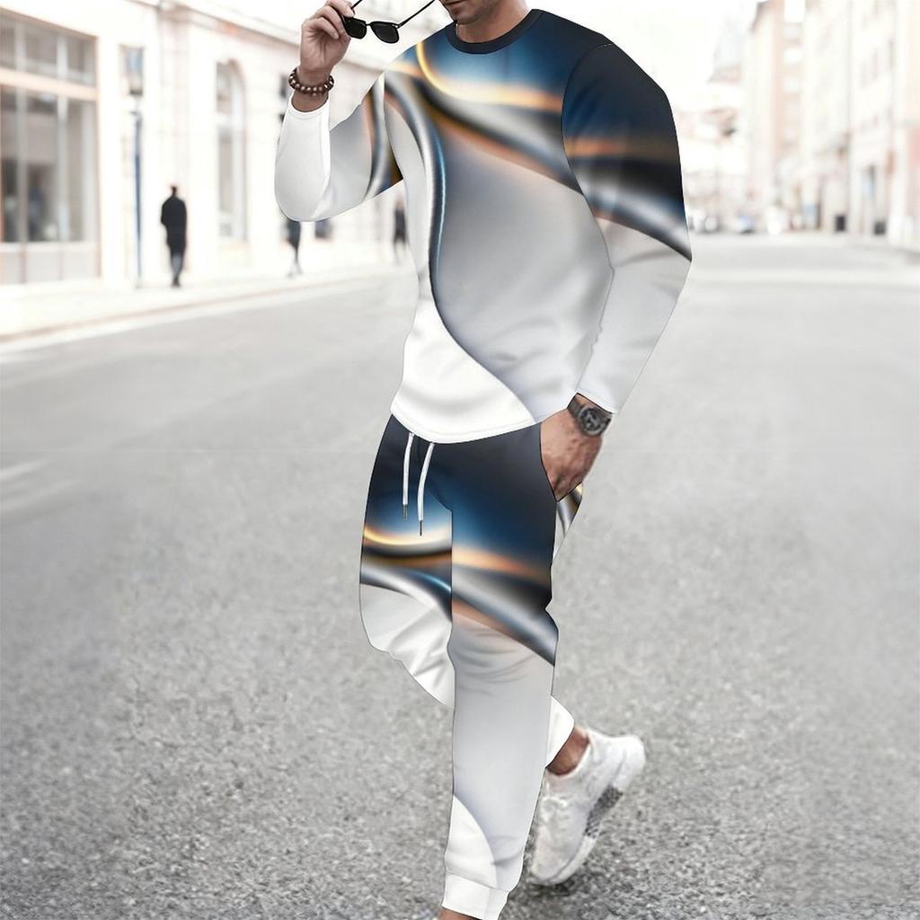 Men Cyan Base Gold Glitter Leopard Splicing Print Long Sleeve Sweatshirt Jogger Pants Two Piece Suit