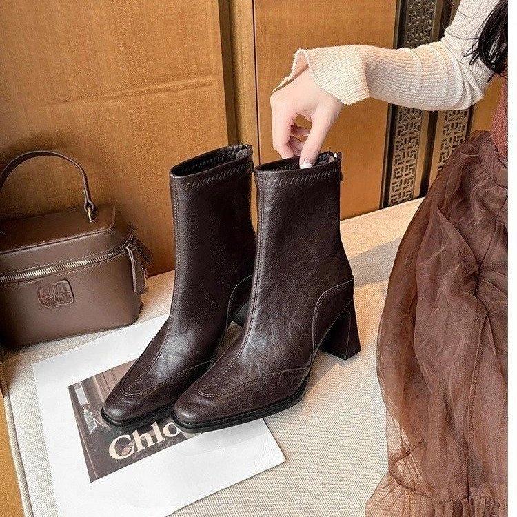 2025 French Square Toe Wasteland Temperament High Heel Skinny Boots Women's British Style Retro Booties