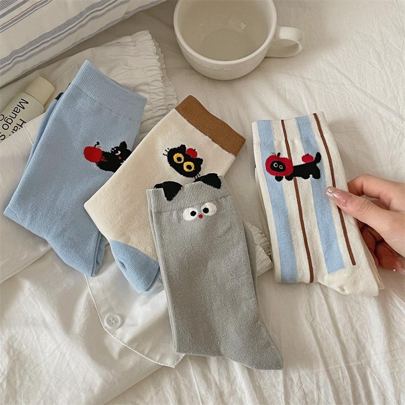 Socks Female Black Cat Female Socks Cute Cartoon Spring And Autumn Tube Socks Female Niche Girl Pile Socks