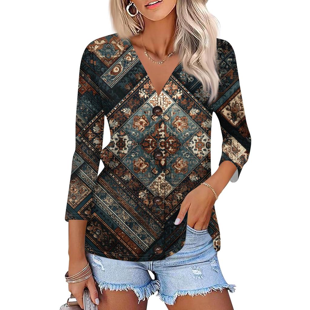 Dámská módní ležérní košile s potiskem na knoflíky, 3/4 dlouhý rukáv