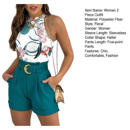 Women's Summer 2 Piece Outfit Halter Sleeveless Floral Print Top And High