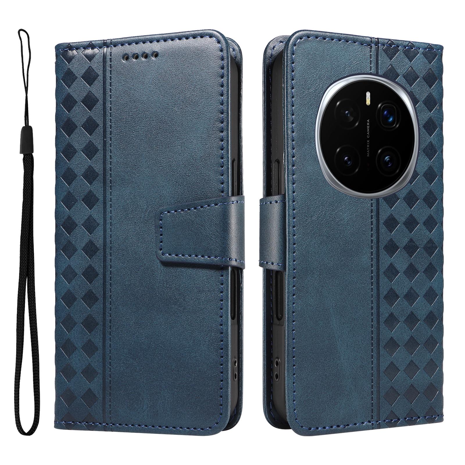 

For Honor Magic7 Pro 5G Leather Case Wallet Stand Grids Imprinted Phone Cover with Strap Blue