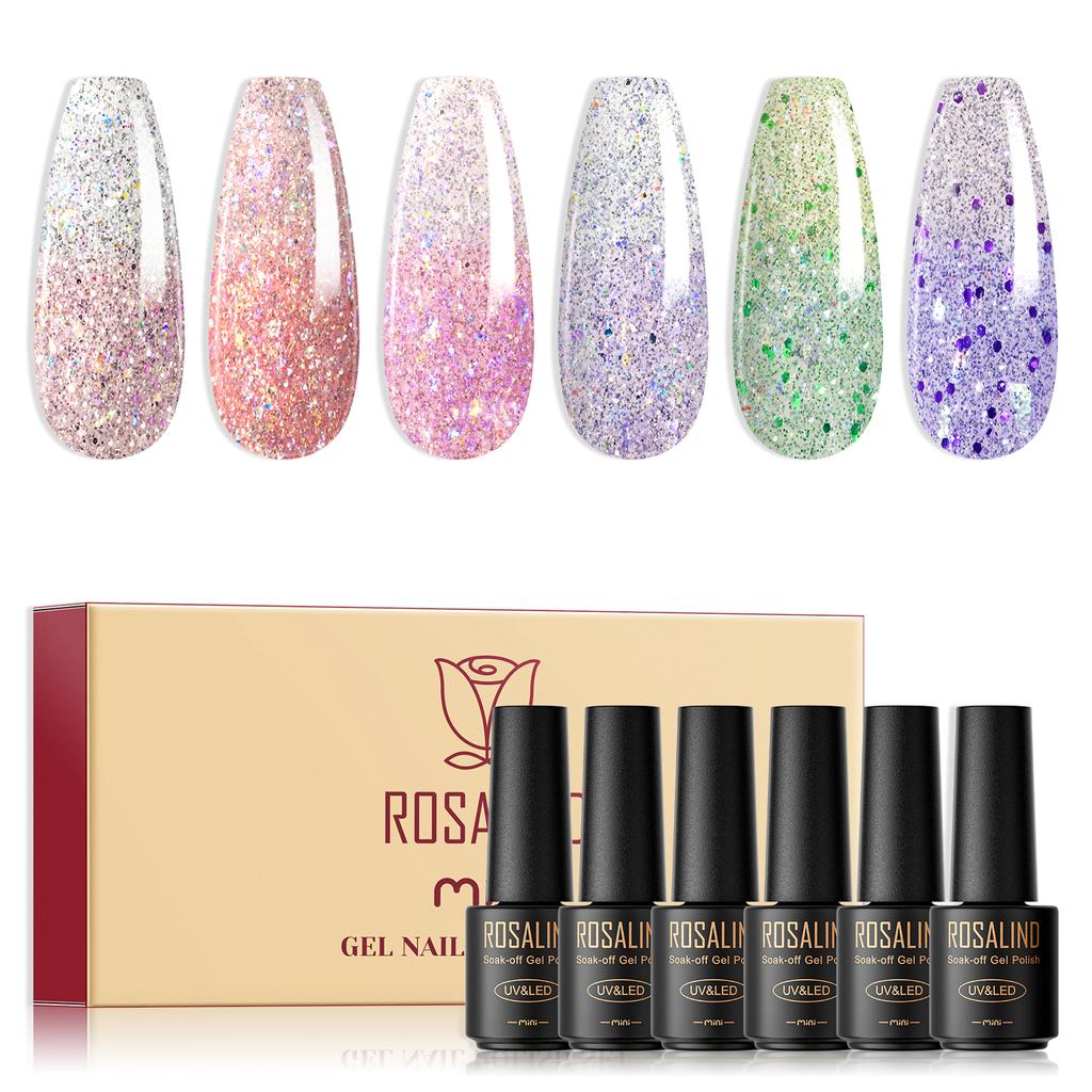 ROSALIND 6PCS Nail Polish Set Pure Pink Nude Glitter Gel Nail Polish Semi Permanent Hybrid Nail Gel Polish Soak Off UV LED Base Top Coat Gel Polish