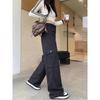 Autumn Women Loose Wide-Leg Pants Jeans Cargo Pocket Design Versatile High Waist Slimming Drape Mopping Pants