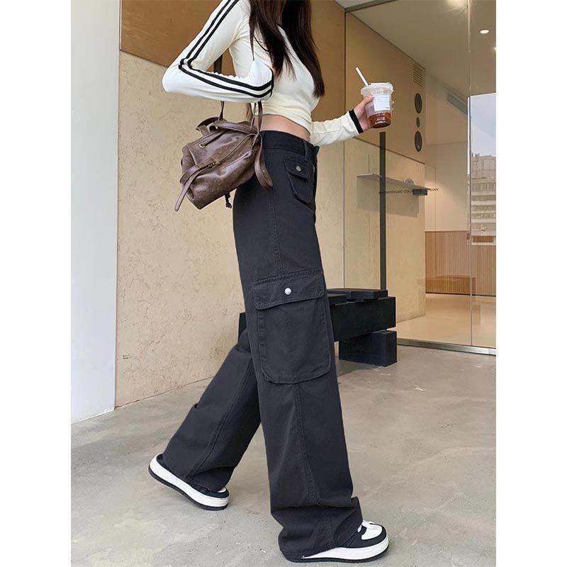 Autumn Women Loose Wide-Leg Pants Jeans Cargo Pocket Design Versatile High Waist Slimming Drape Mopping Pants