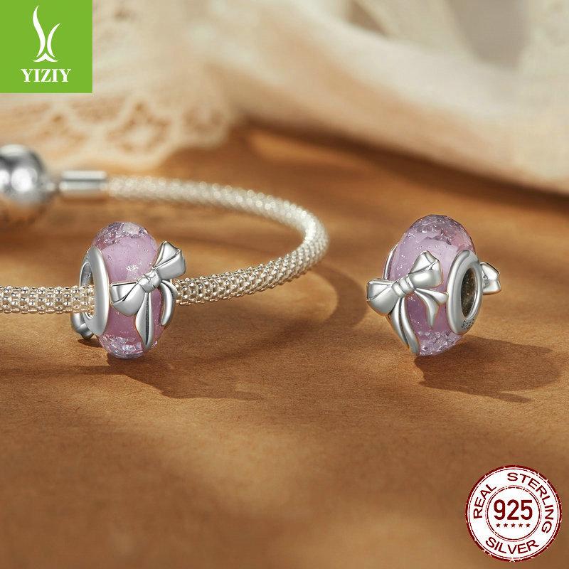 Romantic Pink Bow Diy Bracelet Beaded Accessories, Sweet Girl Heart S925 Sterling Silver Glazed Beads