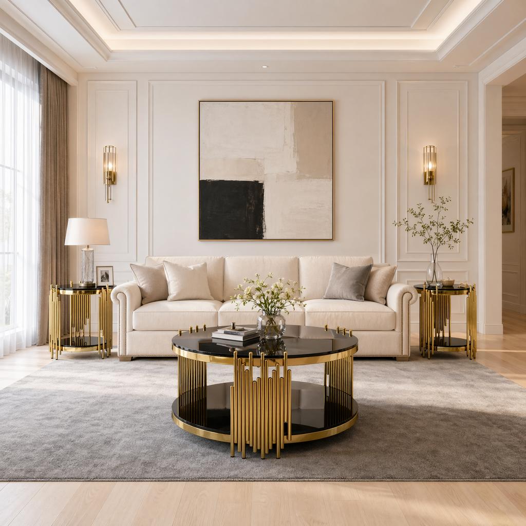 Modern Black Glass Coffee Table,Luxury Living Room Tables with Double Glass Top,Round Coffee Table with Golden Steel Base