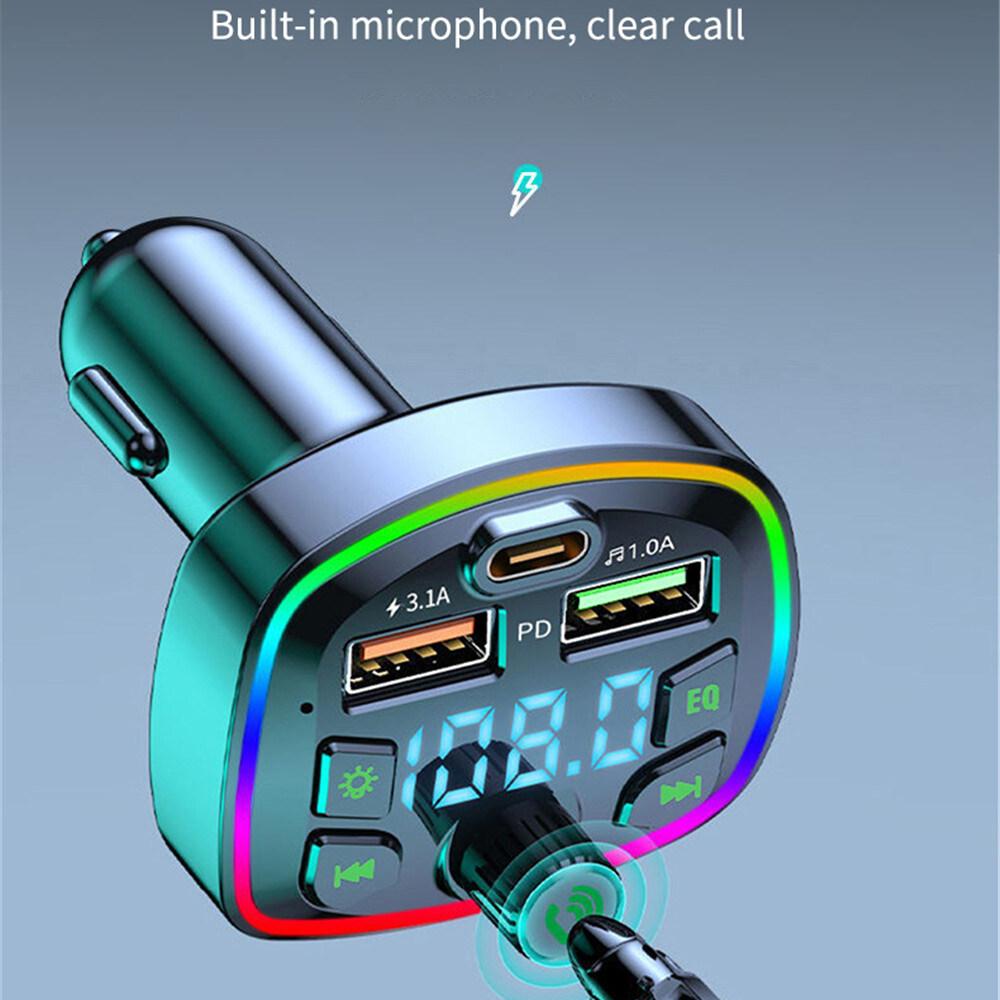 Q7 Bluetooth 5.0 Car Charger FM Transmitter Type C 2 USB Port 4.2A Charger Colorful Ambient Light MP3 Music Player