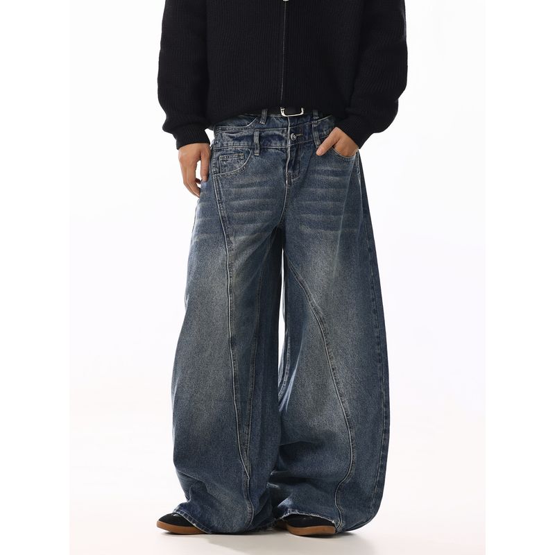 American Retro Irregular Deconstructed Scimitar Jeans for Men and Women, Designer Niche Loose Versatile Casual Wide-Leg Pants