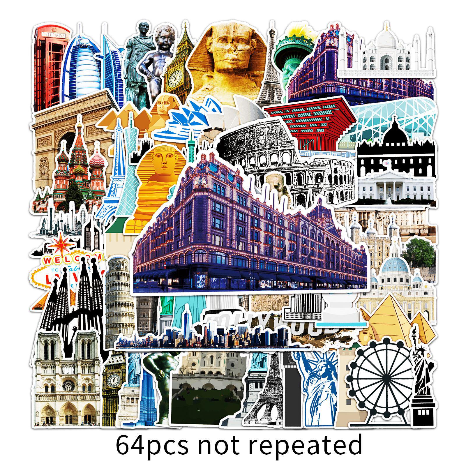 64 Landmark Building Graffiti Stickers: Waterproof Decor for Laptops, Bicycles, Scooters, and Cars