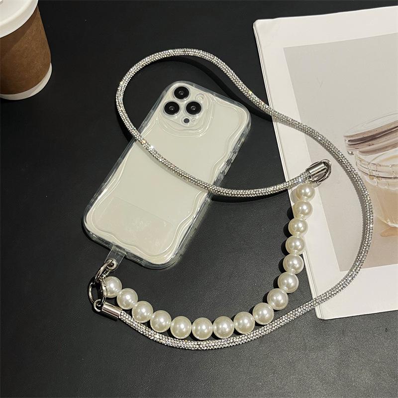 Pearl Silver Rhinestone Luxury Crossbody Phone Lanyard with Full Diamond Pendant, Wearable, Anti-Lost, Sturdy, Wrist Handheld.