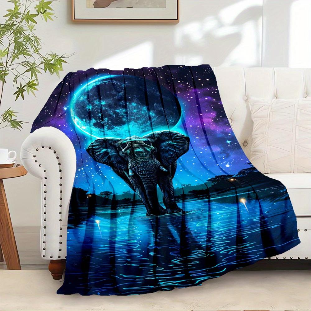 For Elephant,Moon,Night Sky Themed Flannel Blanket, Glam Style, Digital Print, All Season Comfort, ,for Cozy Plush Flannel Cover121