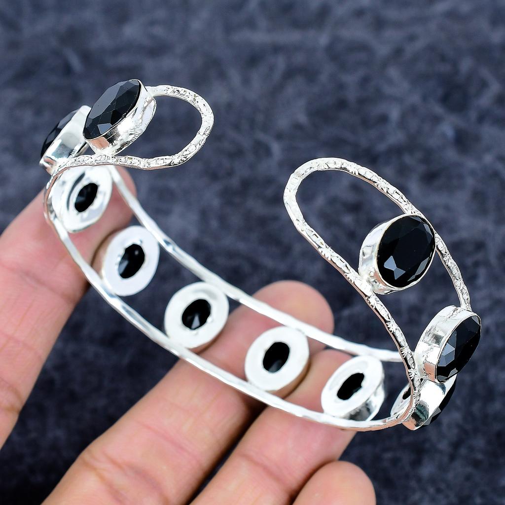 Black Spinel Gemstone Handmade 925 Sterling Silver Cuff Bangle Adjustable M-3332