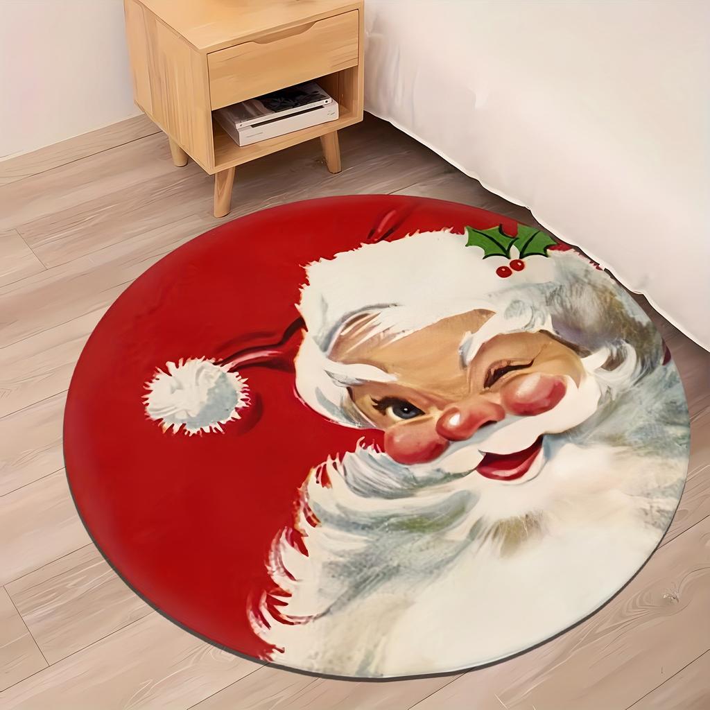 1Pcs Christmas Santa Claus Print Round Area Rug Indoor Non-Slip Washable Fiber Carpet Soft Comfortable Mat For Bedroom Living Room