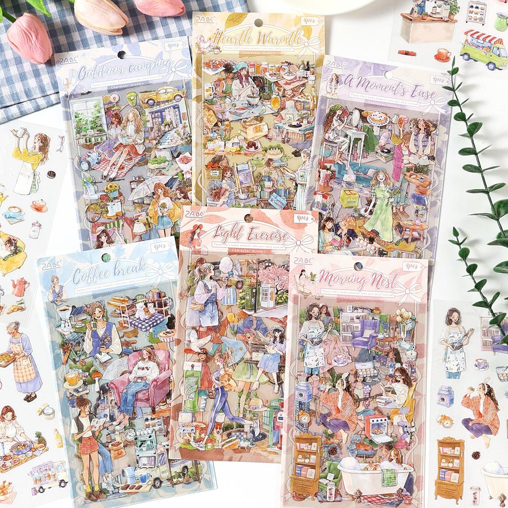 1pack/4pcs Leisure Life Daily Stickers, Healing Fresh Style, DIY Handmade Album Scrapbooking Decorative Paper Supplies