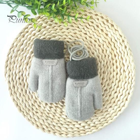 Children Mittens 1 Pair Hanging Rope Halter Thickened Fleece Lining Winter Woolen Yarn Gloves Letter Logo Solid Color Baby Knitting Knitted
