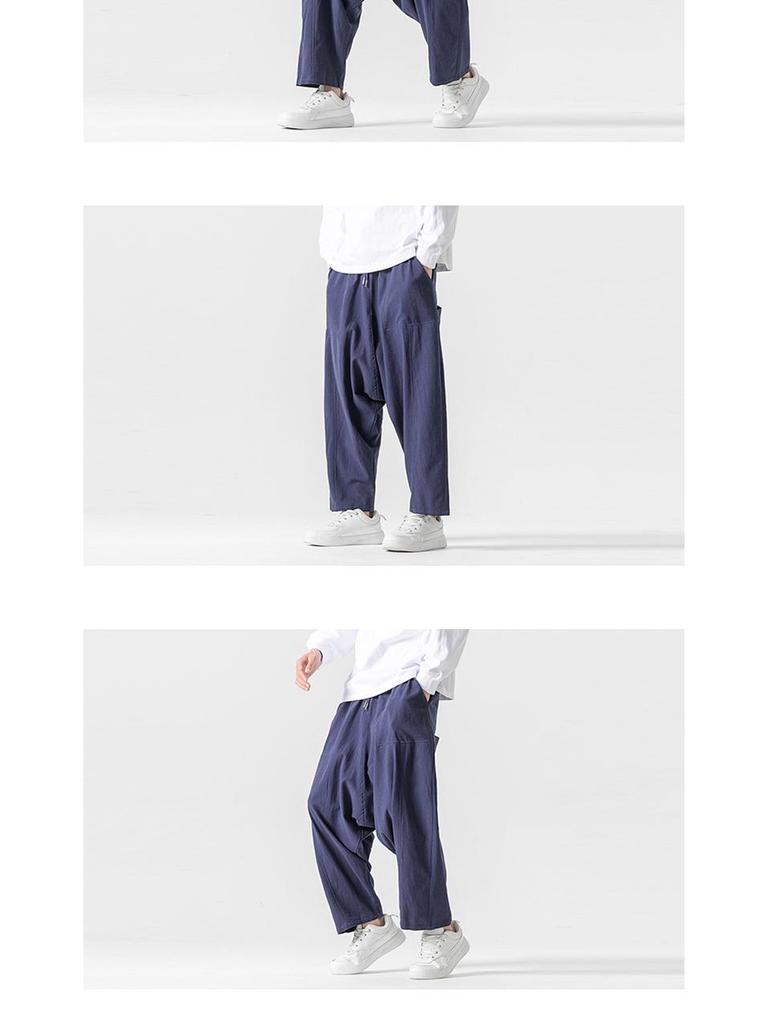 2024 Autumn/Winter Men's Cotton Linen Harem Pants - Chinese Style Patchwork, Casual Wide-Leg