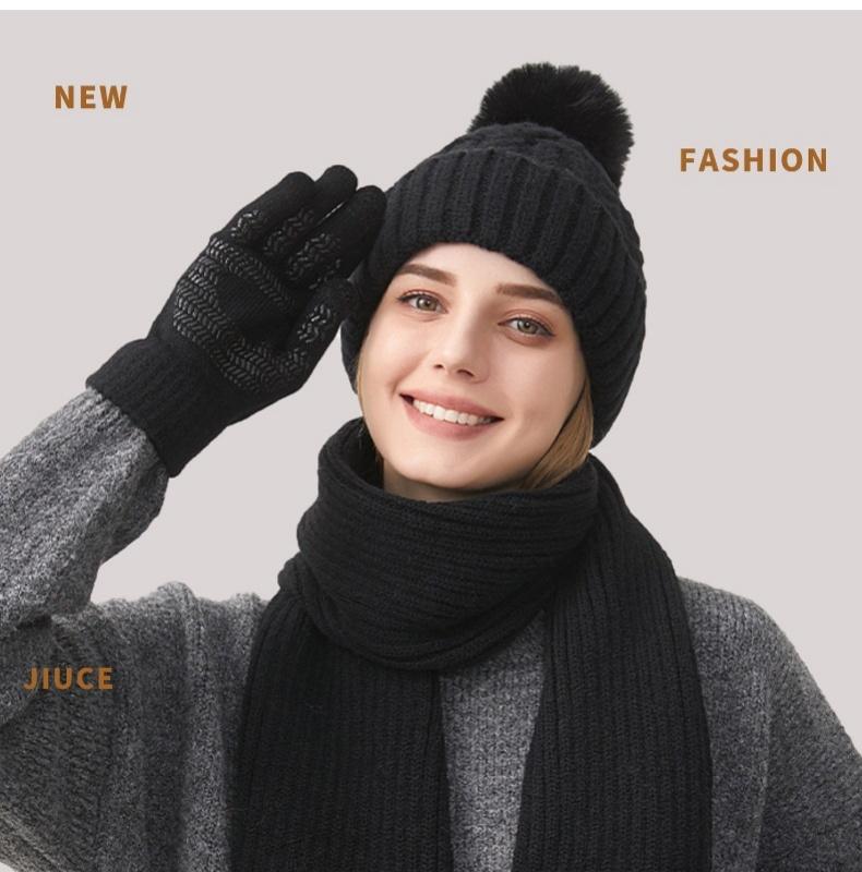 Knitted Hat Scarf Gloves Women's Winter Thick Ear-Warming Hat and Neck Warmer Set 3Pcs