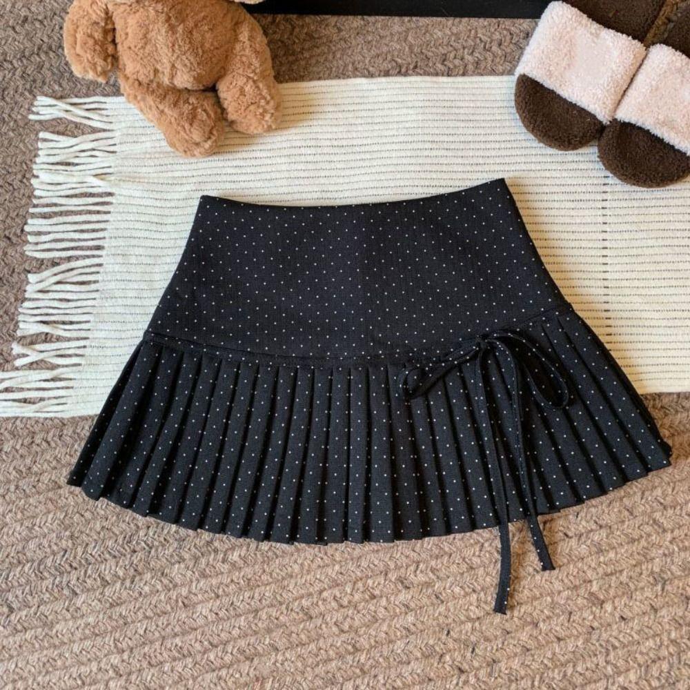 Sweet Dot Mini Skirt Bowknot A-line Short Skirts Sweet Pleated Skirts for Women Ladies