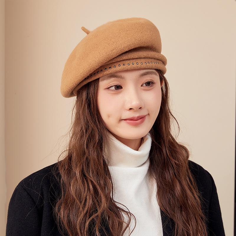 Winter Hat Women Beret Elastic Knit Solid Color Soft Warm Thick Windproof Decorative French Artist Painter Vintage Elegant C