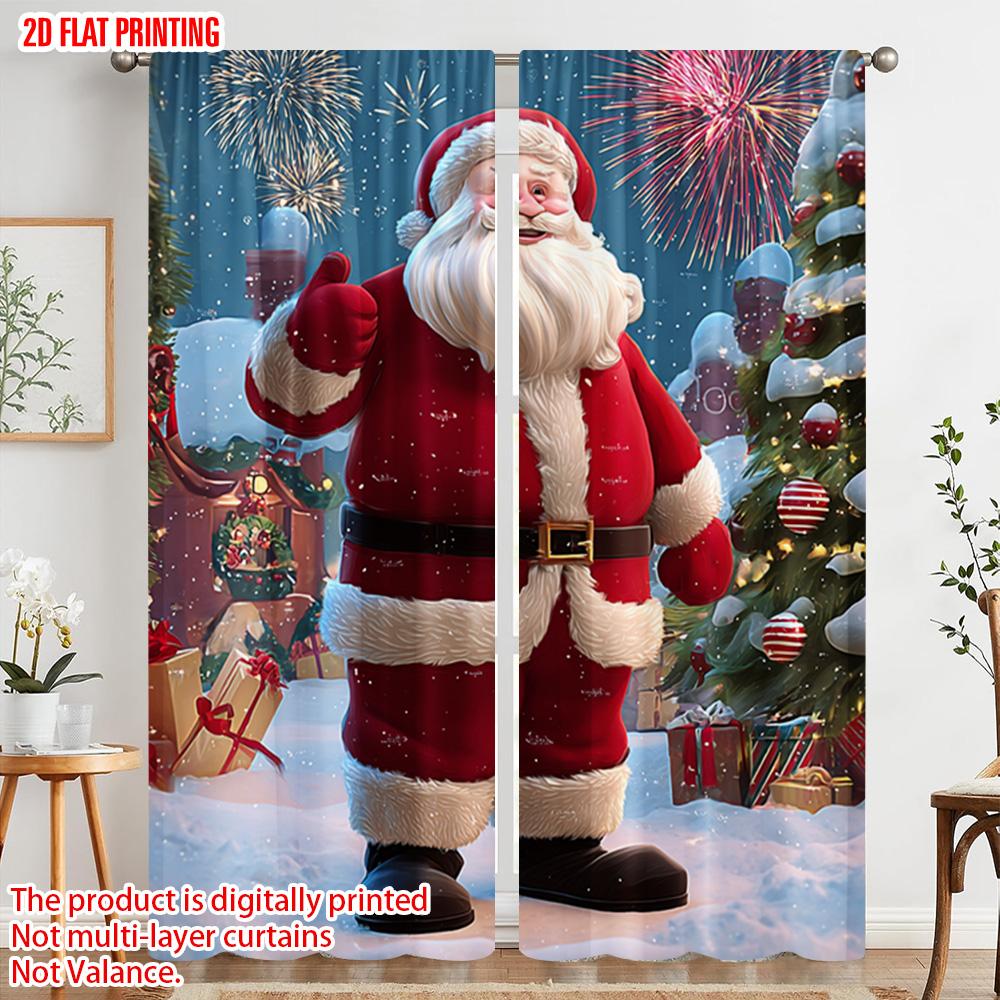 2pcs,2D Plane Printing Curtains Digital Printed Santa Claus & Snowy Village Polyester Fabric (without Rod) Decorations Outdoor