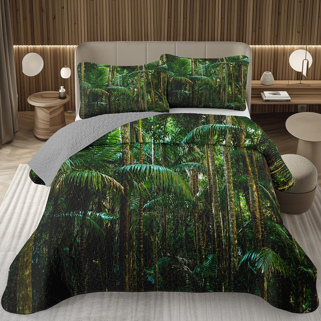 Forest Bedspread King/Full Magical Woodland Jungle Coverlet Set Dreamy Misty Scene Quilted Bedding Set Reversible Grey Bed Cover