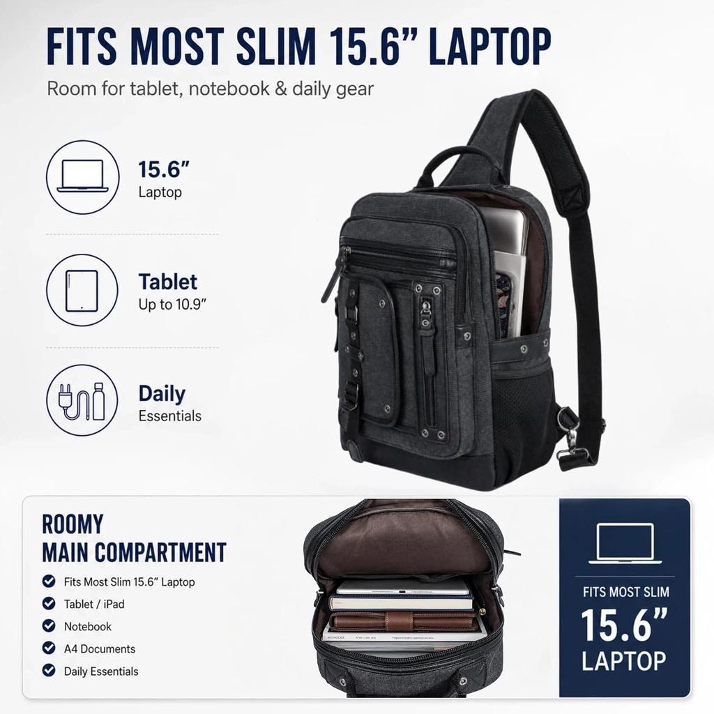 Cross Body Bag for Men: Large Canvas Sling Backpack Messenger Bag Fits 15.6 Inch Laptop for Work Commute
