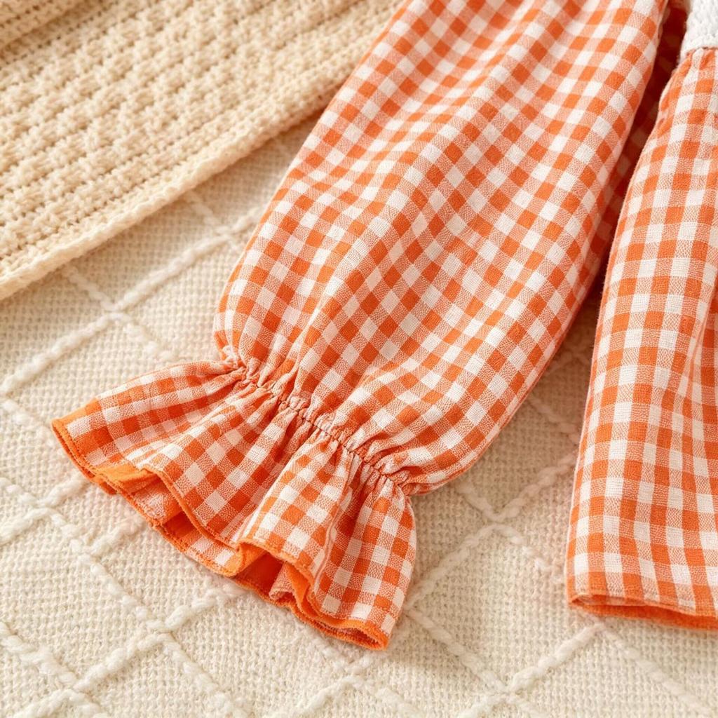 Girls' Pumpkin Embroidery Plaid Suit - Doll Collar Top & Flare Pants Two-Piece Set for Autumn/Halloween 2026