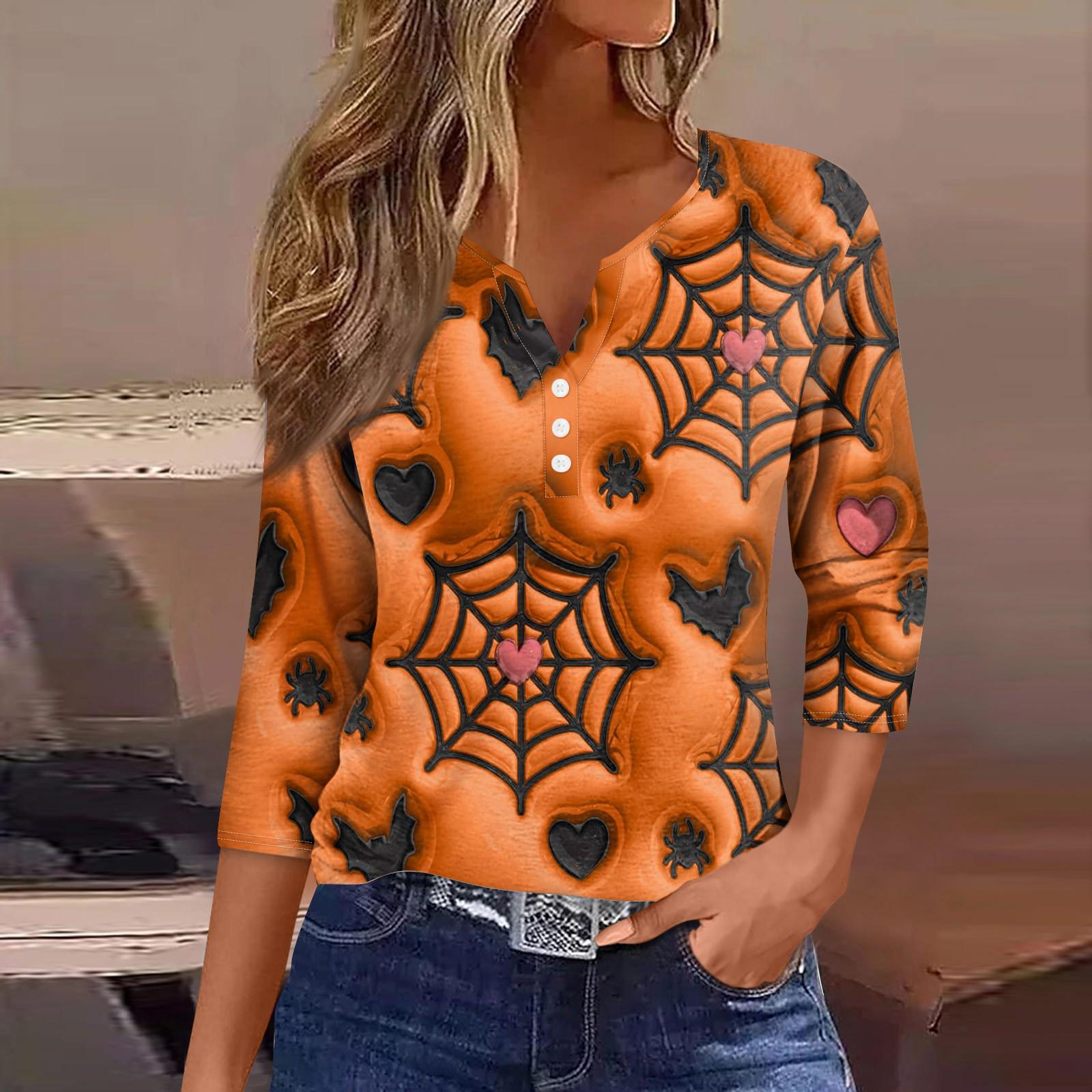 

Женская футболка с V-образным вырезом на пуговицах, с рукавом три четверти, на Хэллоуин M шафрановый